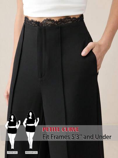 SHEIN PETITE CURVE Quần ống rộng thanh lịch dành cho nữ cỡ lớn, màu trơn, cạp chun tương phản, có túi ren.