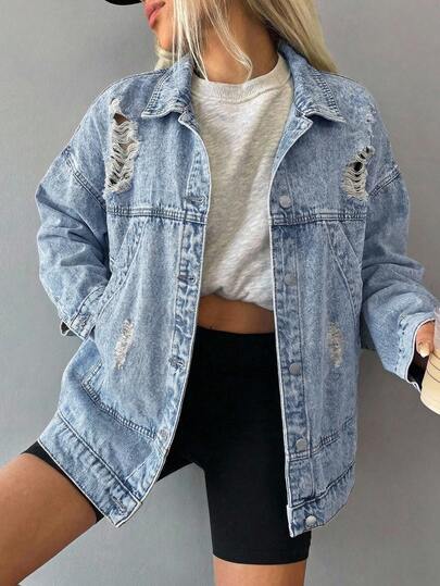 Muchica Women's Dropped Shoulder Long Sleeve Single-Breasted Casual Distressed Denim Jacket