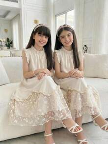 SHEIN Vestido elegante de fiesta y ocasión para niña preadolescente con cuello alto, volantes y parches de malla - Blanco - Ver 2