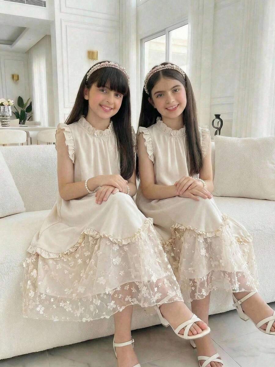 SHEIN 少女优雅立领荷叶边网纱拼接派对及场合连衣裙 - 白色 - 查看 1