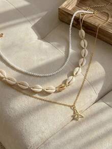 Resyla 3 件波西米亚海洋风格美人鱼贝壳和仿绿松石海星吊坠串珠项链套装，适合女性日常和海滩度假装 - 米色 - 查看 1