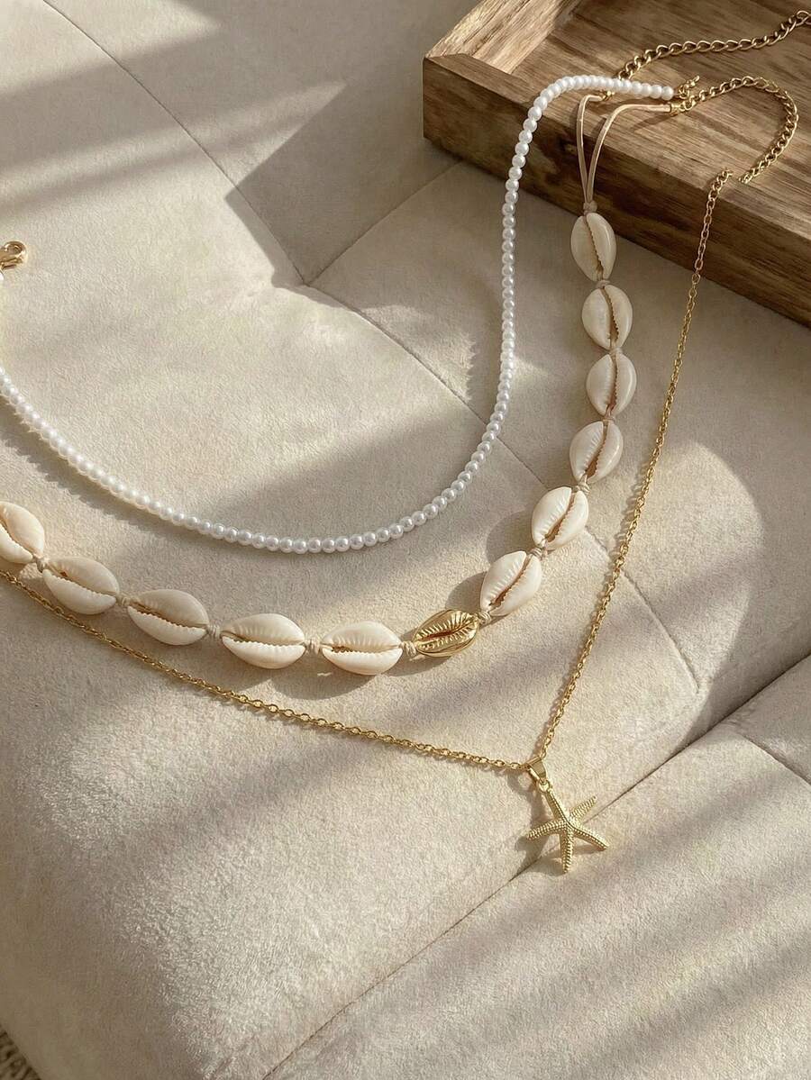 Resyla 3 件波西米亚海洋风格美人鱼贝壳和仿绿松石海星吊坠串珠项链套装，适合女性日常和海滩度假装 - 米色 - 查看 1
