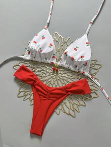 Swim Mod 两件套，随机樱桃印花挂脖三角比基尼上衣和下装，性感女士夏季泳装红色比基尼下装樱桃印花比基尼女士比基尼套装女士泳衣两件套 - 彩色 - 查看 2