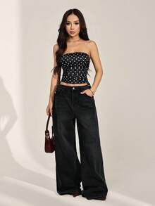 SHEIN PETITE 女士休闲简约Y2K黑白波点印花褶皱系带露脐上衣，哥特风，适合外出穿着，裹身式上衣 - 黑色 - 查看 6
