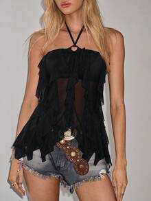 SHEIN ICON 2026 New Arrive Women's Sexy Sheer Ruffle Trim Halter Neck Blouse For Summer Boho Style Clothes Bohemian Tops For Women Trending Outfit Beach Outfit For Women Conservative Top - Black - View 8