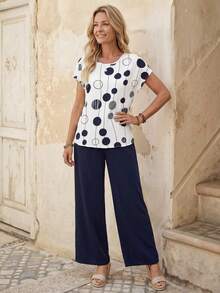 EMERY ROSE 2pcs Women's Vacation Casual Polka Dot Print Top And Pants Set - Multicolor - View 5