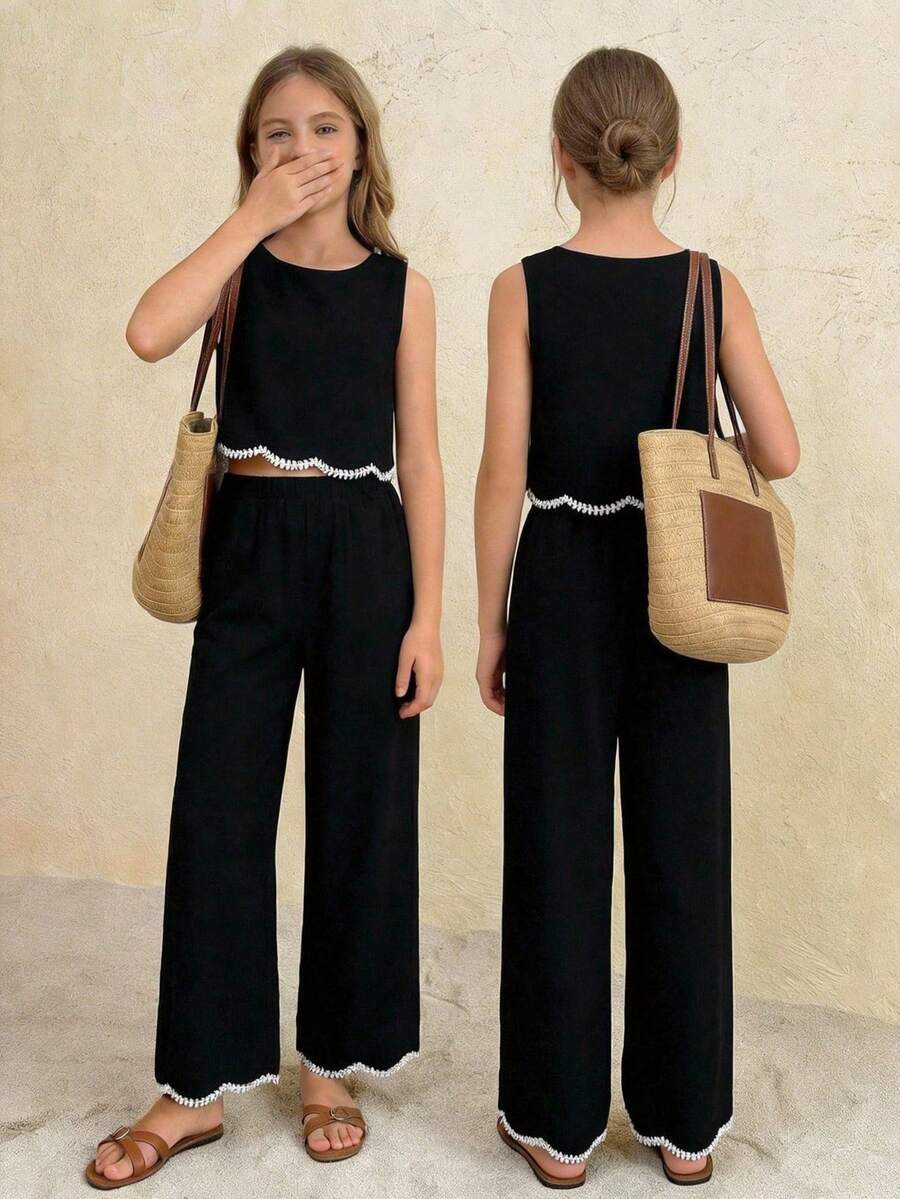 SHEIN 2件套少女碎花圆领休闲吊带背心和裤子套装 - 藍色 - 查看 1