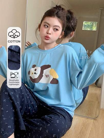 Dazy Plus Plus Size Women Cute Casual Blue Bear Print Loose Top & Floral Straight Leg Pajama Pants Set