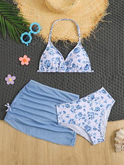 SHEIN Tween Girls Floral Print 3-Piece Bikini Set With Skirt, Fashion Casual Elegant Swimwear Suitable For Swimming, Vacation, Summer