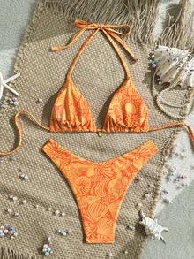 Swim Vcay Swim Mod Summer 2 Pieces Swimwear, Spaghetti Strap Random Print Top And High Cut Bottoms, Summer Beach Vacation Bikini Set - Orange - View 2