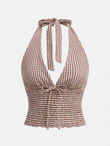 lacRébo Áo tank top kẻ caro màu đỏ tía với chi tiết buộc dây quanh cổ và eo xếp ly, kiểu dáng dễ thương cho kỳ nghỉ, trang phục mùa xuân hè kiểu Pháp, phong cách Paris, trang phục mùa hè cho nữ, trang phục retro cho phụ nữ. - Đỏ - Xem 6
