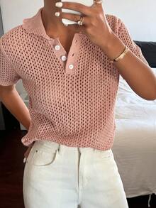 DAZY 女士翻领修身镂空亮面针织上衣 - 粉色 - 查看 3