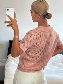 DAZY 女士翻领修身镂空亮面针织上衣 - 粉色 - 查看 5