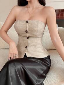 DAZY 女士优雅通勤款前扣吊带背心，夏季 - 卡其色 - 查看 5