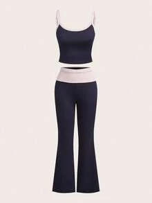 SHEIN EZwear 女士新款撞色系带吊带背心和喇叭裤套装，适合春夏穿着 - 藏蓝色 - 查看 2