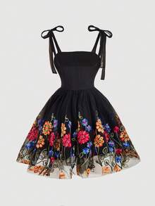 SHEIN MOD Women's Vacation Floral Embroidered Mesh Spaghetti Strap Mini Dress - Black - View 5