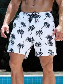 VENTUSAIL Pantalones cortos de playa casuales con cordón en la cintura y estampado de palmeras para hombres, bañadores de palmeras en blanco y negro, ropa de playa para hombres - Blanco y Negro - Ver 5