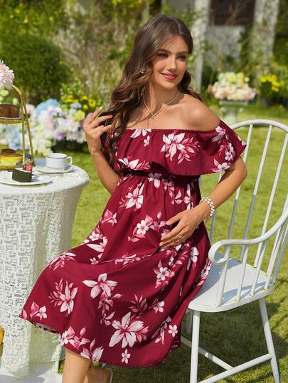 SHEIN Vestido de maternidad con estampado floral cómodo y hombros descubiertos, adecuado para vacaciones de primavera/verano y atuendo de playa