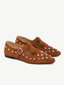 CUCCOO CHICEST Mocasines casuales y versátiles de mujer con diseño de hebilla y remaches - Marrón - Ver 9