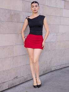 Andrea Bello 春夏蝴蝶结系带性感开衩A字女士迷你裙 - 紅色 - 查看 5