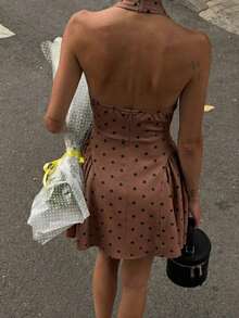 Pariaura 2026 New Women's Satin Polka Dot Halter Neck Backless Mini Dress - V-Neck Ruched Flared Hem Spring Summer Party Dress - Brown - View 2