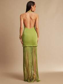 Silquee 女士优雅露背流苏下摆连衣裙，夏季 - 綠色 - 查看 2