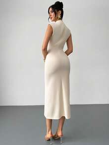 Firerie 女士新款杏色优雅休闲日常通勤度假时尚立领垂袖收腰纯色针织连衣裙，优雅，通勤，约会，婚礼季 - 杏色 - 查看 8