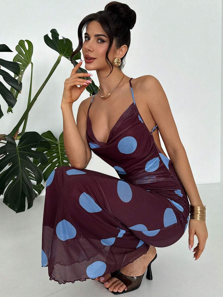 Firerie Women's New Retro Polka Dot Chocolate Blue Dot Mesh Plunging Neck Backless Dress, Fashionable Sexy Style Dress