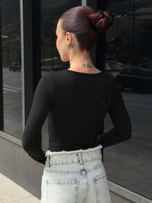 Abrilcols Áo thun nữ dài tay cổ tròn đơn giản màu trơn Slim Fit - màu đen - Xem 3