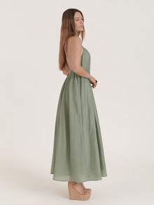 SURIMA Women Spaghetti Strap Maxi Dress Vacation Dress Solid Color Long Dress - Green - View 7