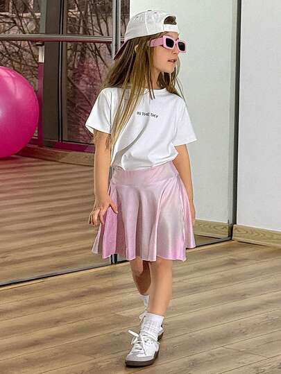 DAZY Young Girl Fall Outfit, Girls Round Neck Knit Printed Short Sleeve T-Shirt & Skirt Sports Set