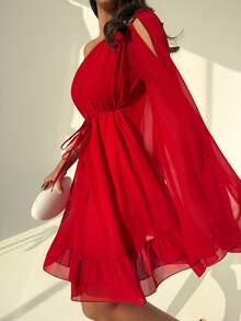 Nevyona Đầm ngắn voan mỏng tay bồng, vai lệch, gấu xếp ly, thích hợp cho kỳ nghỉ và chụp ảnh, phù hợp cho dịp năm mới và Giáng sinh. - Đỏ - Xem 7