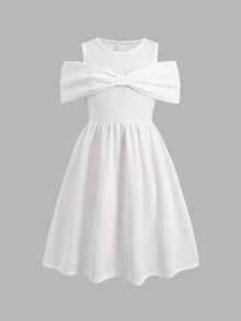 少女优雅露肩圆领蝴蝶结连衣裙 - 白色 - 查看 5