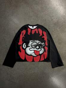 Manfinity ZONE917 方正宽松做旧趣味大脸图案短款长袖T恤 - 黑色 - 查看 1