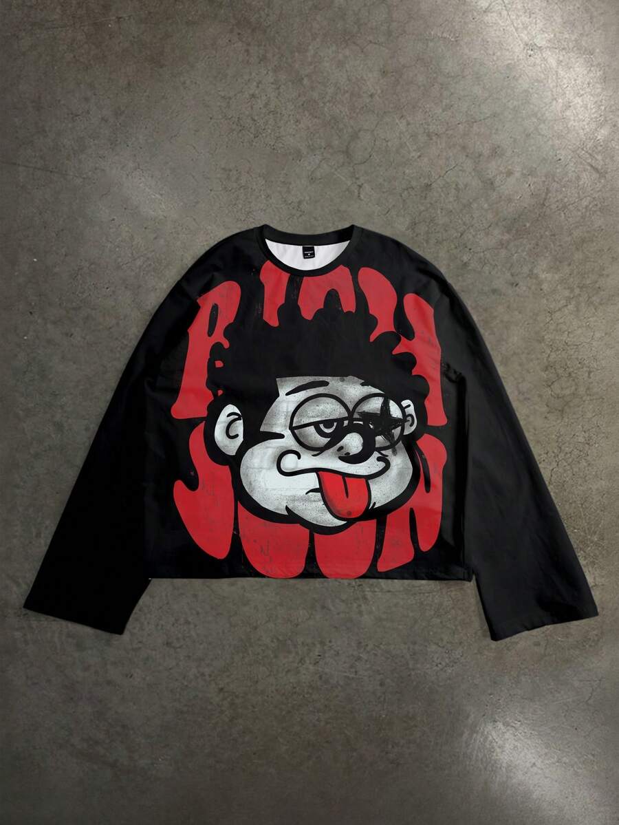 Manfinity ZONE917 方正宽松做旧趣味大脸图案短款长袖T恤 - 黑色 - 查看 1