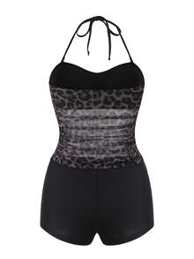 ROMWE Women's Casual Vacation Beach Party Leopard Print Pattern Halter Two Pieces Beachwear Gothic Top Crop Top Set 2 Piece Woman Set Short Tube Top Set Lace 2 Piece Set - Multicolor - View 7