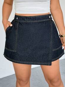 Firerie Plus Size Women's Navy Blue Denim Skort,High Waist Wrap Front Asymmetric Hem Skirt With Built-In Shorts & Pockets,Summer Smart Casual Everyday Outfit - Blue - View 8