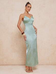 Lumalex Đầm ôm sát cơ thể bằng vải satin jacquard, kiểu dáng thắt eo, dây xoắn dành cho nữ. - Màu xanh Bạc hà - Xem 12