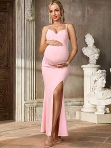 MaterniChic Elegant Maternity Party Solid Color High Slit Fishtail Slip Dress Wedding Guest Dress Elegant Dress Pink Dresses Birthday Outfits  For Baby Shower - Pink - View 3