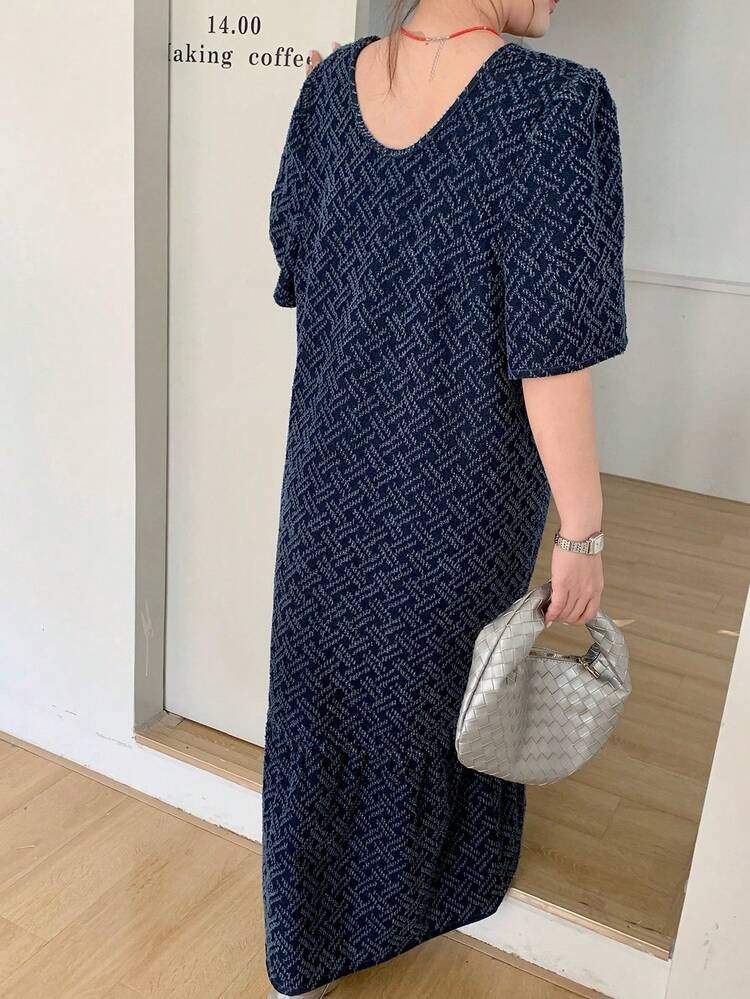 Dazy Plus Fashionable V-Neck Loose Short Sleeve Casual Patchwork Frill Trim Long Denim Dress For Plus Size Women Maxi Dress