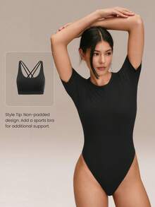 GLOWMODE 罗纹匹马棉 Ready To Flow 超柔软透气轻盈弹力按扣无衬垫短袖圆领丁字连体衣瑜伽普拉提工作室日常休闲装 - 黑色 - 查看 5