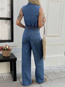 DAZY 女士休闲水洗牛仔背心和阔腿裤套装，春夏款 - 中等水洗藍 - 查看 2