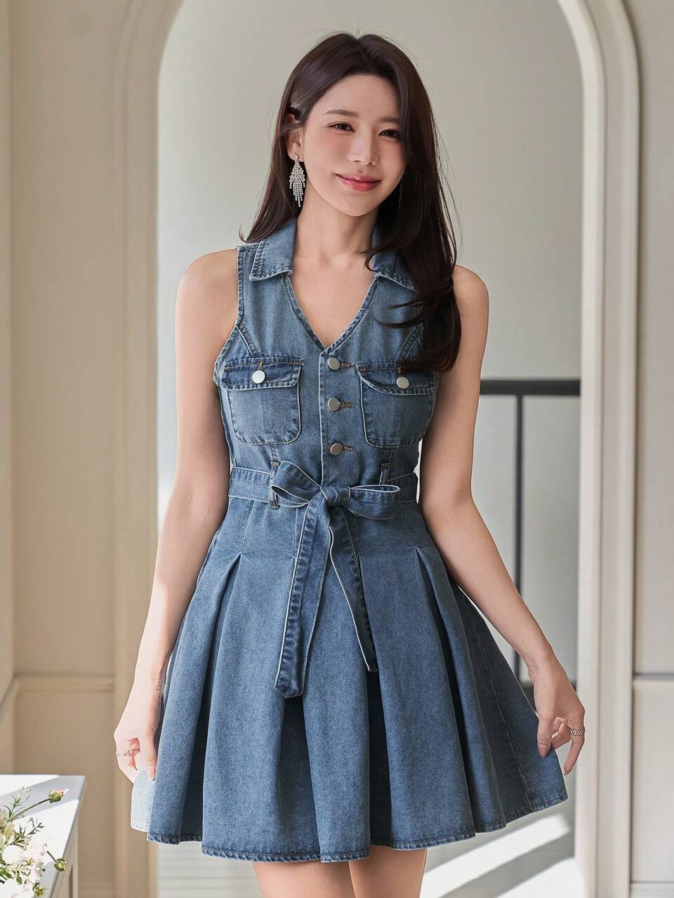 Women's Casual Washed Denim Dress With Collar, Sleeveless, Belt, Pockets, Short Length, Summer
