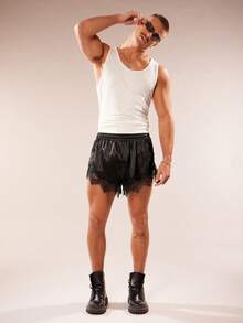 Quần short nam dáng rộng, cạp chun kẻ sọc, phối ren tương phản. - màu đen - Xem 4