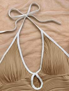 Soleia Bộ jumpsuit nữ dáng ôm, cổ chữ V, buộc nơ phía trước, khoét rỗng, viền tương phản, chất liệu gân, thích hợp cho kỳ nghỉ, dự tiệc, hẹn hò, tiệc trà chiều, đi biển. - Màu be - Xem 6