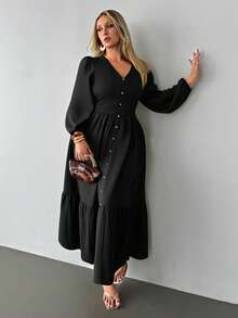 Auralis 褶皱灯笼袖长连衣裙，黑色蕾丝领口和腰部拼接，松紧腰带喇叭裙摆，优雅休闲，适合春、秋、冬季穿着。 - 黑色 - 查看 3