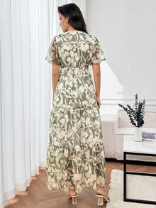 Miaspire Women's V-Neck Floral Print Twist Casual Long Dress, Summer - Green - View 2