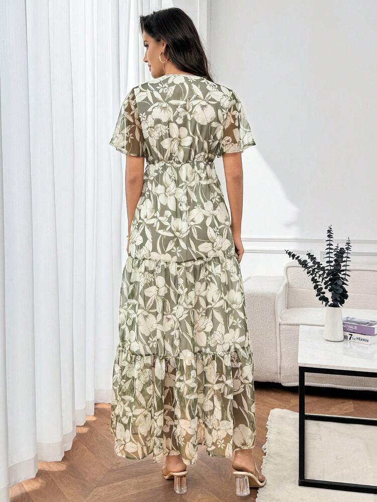 Women's V-Neck Floral Print Twist Casual Long Dress, Summer Floral Print Dress Boho Maxi Dress V-Neck Dress Short Sleeve Dress Tiered Dress,Summer Outfit For Women, Vacation Dresses,Summer Dresses For Women