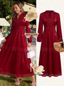 Ellevyn Women's Elegant Burgundy Long Sleeve Lace Patchwork Dress - Burgundy - View 3