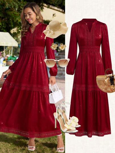 Ellevyn Women's Elegant Burgundy Long Sleeve Lace Patchwork Dress